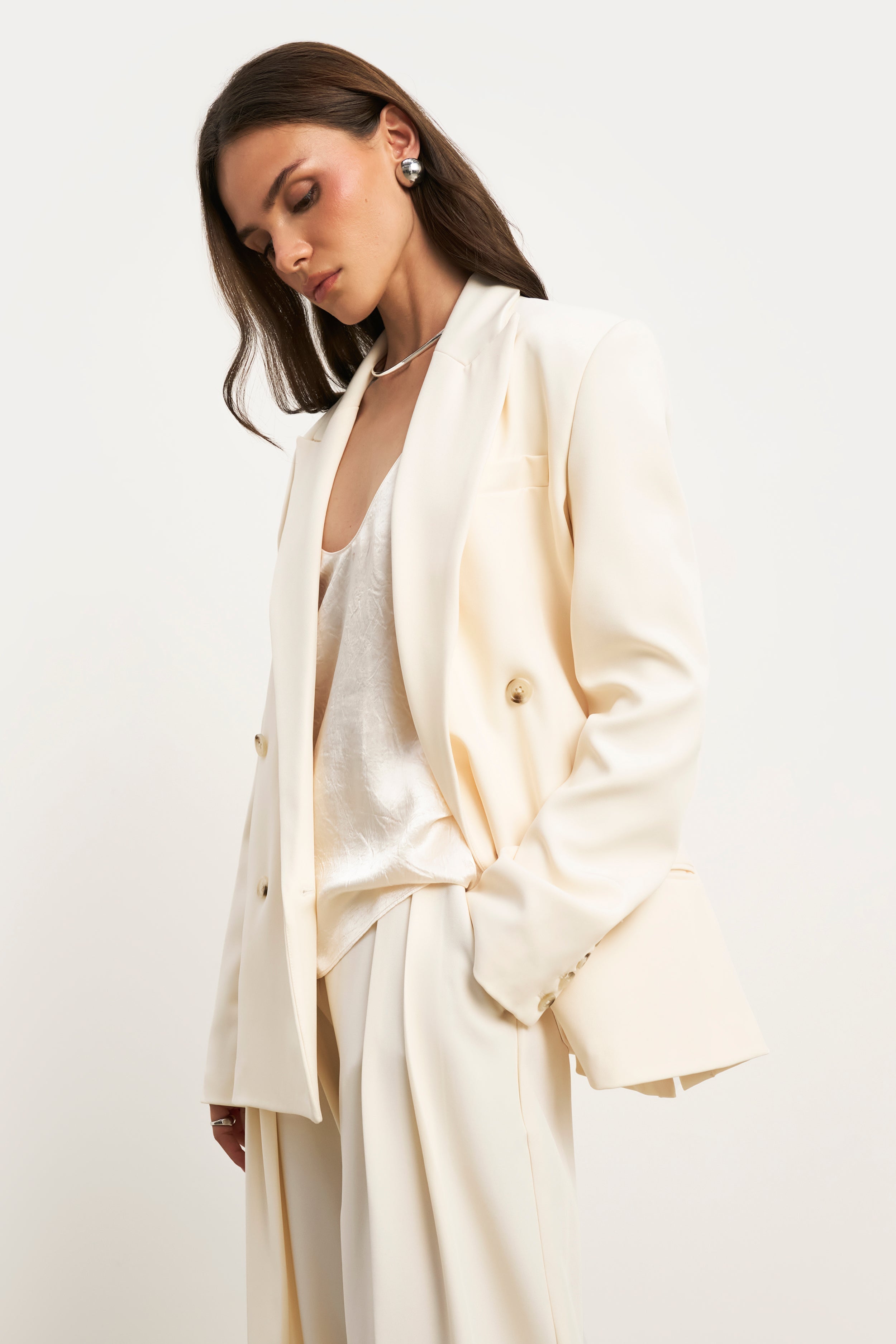 Dropped Waist Double Breasted Blazer - Cream